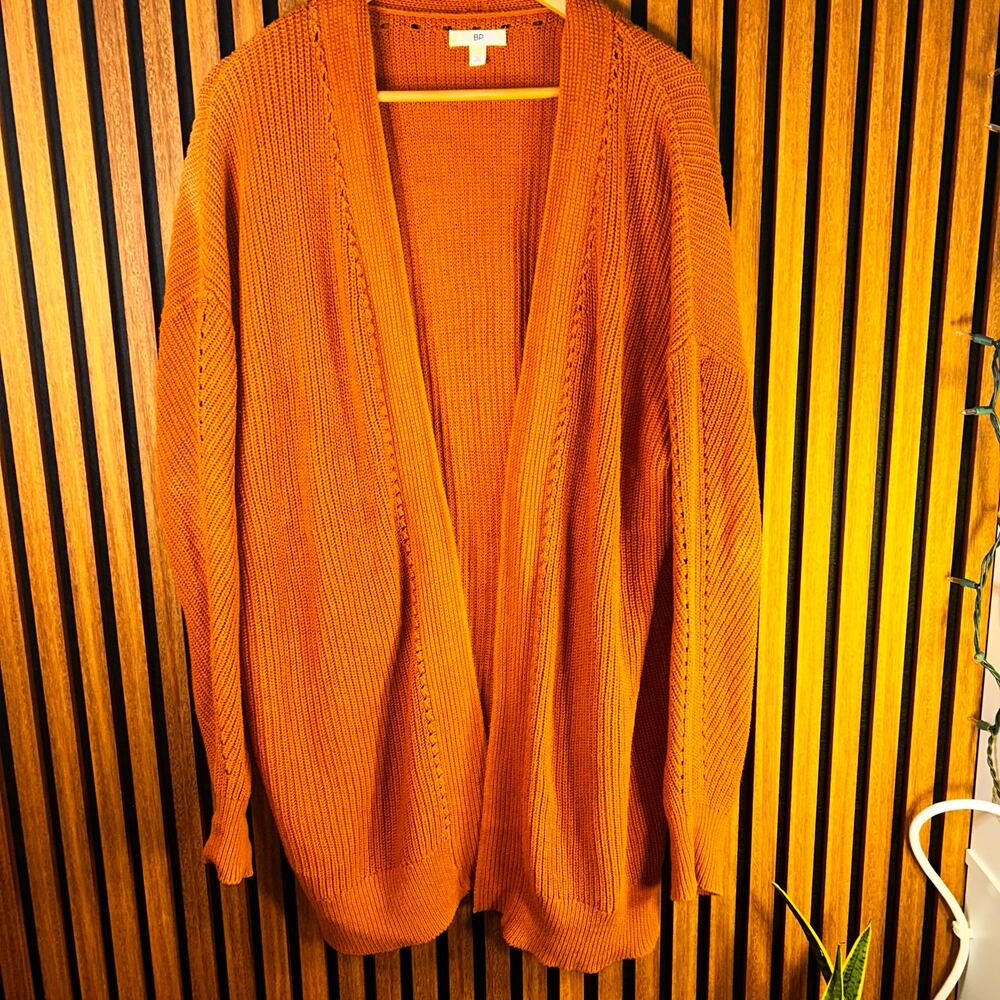 Rust Orange 100% Cotton Chunky Knit Open Front Cardigan Sweater L Minimalist